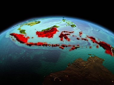 Sabah yukarıda Endonezya modeli görünür kenarlık çizgisi ve şehir ışıkları ile uzayda Dünya gezegeninin bir kırmızı vurgulanır. 3D çizim. Nasa tarafından döşenmiş bu görüntü unsurları.