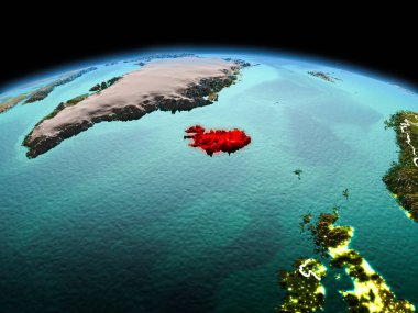 Sabah modeli görünür kenarlık çizgisi ve şehir ışıkları ile uzayda Dünya gezegeninin bir kırmızı vurgulanır İzlanda yukarıda. 3D çizim. Nasa tarafından döşenmiş bu görüntü unsurları.