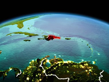 Sabah yukarıda Dominik Cumhuriyeti modeli görünür kenarlık çizgisi ve şehir ışıkları ile uzayda Dünya gezegeninin bir kırmızı vurgulanır. 3D çizim. Nasa tarafından döşenmiş bu görüntü unsurları.