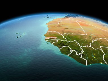 Sabah modeli görünür kenarlık çizgisi ve şehir ışıkları ile uzayda Dünya gezegeninin bir kırmızı vurgulanır Gambiya yukarıda. 3D çizim. Nasa tarafından döşenmiş bu görüntü unsurları.