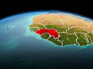 Sabah modeli görünür kenarlık çizgisi ve şehir ışıkları ile uzayda Dünya gezegeninin bir kırmızı vurgulanır Gine yukarıda. 3D çizim. Nasa tarafından döşenmiş bu görüntü unsurları.