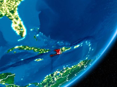 Red Planet Earth görünür sınır çizgileri ve şehir ışıkları ile gece Haiti'de. 3D çizim. Nasa tarafından döşenmiş bu görüntü unsurları.