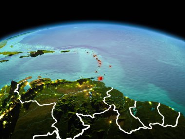 Sabah modeli görünür kenarlık çizgisi ve şehir ışıkları ile uzayda Dünya gezegeninin bir kırmızı vurgulanır Caribbean yukarıda. 3D çizim. Nasa tarafından döşenmiş bu görüntü unsurları.