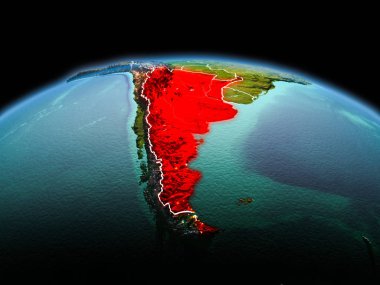 Sabah yukarıda Arjantin modeli görünür kenarlık çizgisi ve şehir ışıkları ile uzayda Dünya gezegeninin bir kırmızı vurgulanır. 3D çizim. Nasa tarafından döşenmiş bu görüntü unsurları.