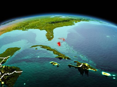 Sabah modeli görünür kenarlık çizgisi ve şehir ışıkları ile uzayda Dünya gezegeninin bir kırmızı vurgulanır Bahamalar yukarıda. 3D çizim. Nasa tarafından döşenmiş bu görüntü unsurları.