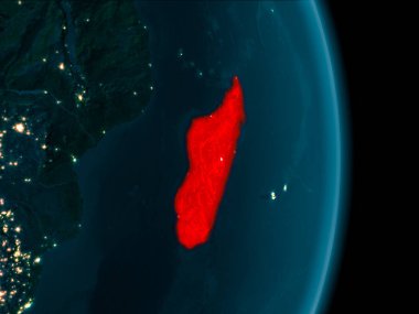 Dünya yörüngesine geceleri görüldüğü gibi Madagaskar Illustration. 3D çizim. Nasa tarafından döşenmiş bu görüntü unsurları.