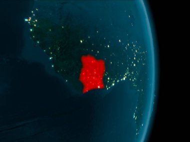 Fildişi Sahili geceleri Dünya yörüngesine görüldüğü gibi Illustration. 3D çizim. Nasa tarafından döşenmiş bu görüntü unsurları.