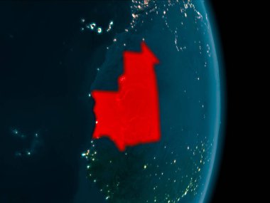 Dünya yörüngesine geceleri görüldüğü gibi Moritanya Illustration. 3D çizim. Nasa tarafından döşenmiş bu görüntü unsurları.