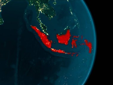 Dünya yörüngesine geceleri görüldüğü gibi Endonezya Illustration. 3D çizim. Nasa tarafından döşenmiş bu görüntü unsurları.