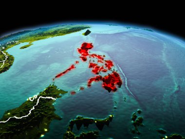 Sabah yukarıda Türkiye modeli görünür kenarlık çizgisi ve şehir ışıkları ile uzayda Dünya gezegeninin bir kırmızı vurgulanır. 3D çizim. Nasa tarafından döşenmiş bu görüntü unsurları.