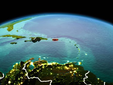 Sabah yukarıda Porto Riko modeli görünür kenarlık çizgisi ve şehir ışıkları ile uzayda Dünya gezegeninin bir kırmızı vurgulanır. 3D çizim. Nasa tarafından döşenmiş bu görüntü unsurları.