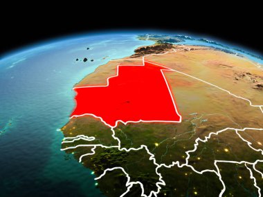 Sabah modeli görünür kenarlık çizgisi ve şehir ışıkları ile uzayda Dünya gezegeninin bir kırmızı vurgulanır Moritanya yukarıda. 3D çizim. Nasa tarafından döşenmiş bu görüntü unsurları.