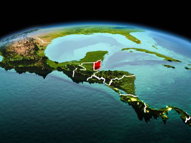 Sabah modeli görünür kenarlık çizgisi ve şehir ışıkları ile uzayda Dünya gezegeninin bir kırmızı vurgulanır Belize yukarıda. 3D çizim. Nasa tarafından döşenmiş bu görüntü unsurları.