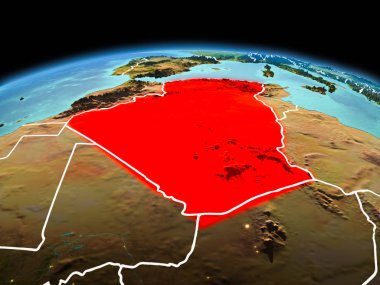 Sabah modeli görünür kenarlık çizgisi ve şehir ışıkları ile uzayda Dünya gezegeninin bir kırmızı vurgulanır Cezayir yukarıda. 3D çizim. Nasa tarafından döşenmiş bu görüntü unsurları.