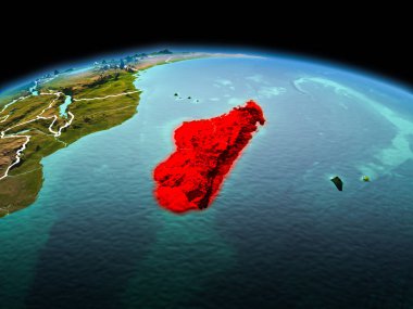 Sabah modeli görünür kenarlık çizgisi ve şehir ışıkları ile uzayda Dünya gezegeninin bir kırmızı vurgulanır Madagaskar yukarıda. 3D çizim. Nasa tarafından döşenmiş bu görüntü unsurları.