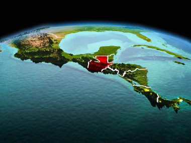 Sabah modeli görünür kenarlık çizgisi ve şehir ışıkları ile uzayda Dünya gezegeninin bir kırmızı vurgulanır Guatemala yukarıda. 3D çizim. Nasa tarafından döşenmiş bu görüntü unsurları.