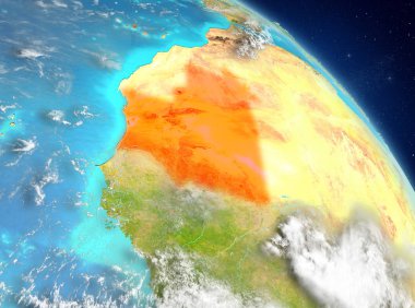 Dünya yörüngesine görüldüğü gibi Moritanya Illustration. 3D çizim. Nasa tarafından döşenmiş bu görüntü unsurları.