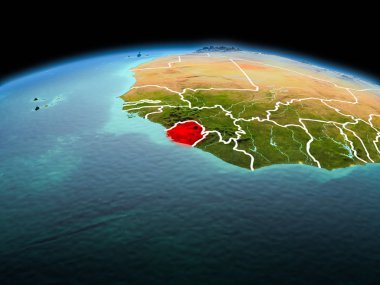 Sabah yukarıda Sierra Leone modeli görünür kenarlık çizgisi ve şehir ışıkları ile uzayda Dünya gezegeninin bir kırmızı vurgulanır. 3D çizim. Nasa tarafından döşenmiş bu görüntü unsurları.
