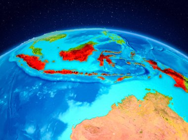Planet Earth kırmızı vurgulanır Endonezya'nın uydu görüntüsü. 3D çizim. Nasa tarafından döşenmiş bu görüntü unsurları.