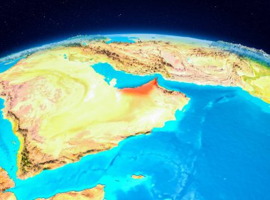 Uydu Görünümü Birleşik Arap Emirlikleri Planet Earth kırmızı vurgulanır. 3D çizim. Nasa tarafından döşenmiş bu görüntü unsurları.