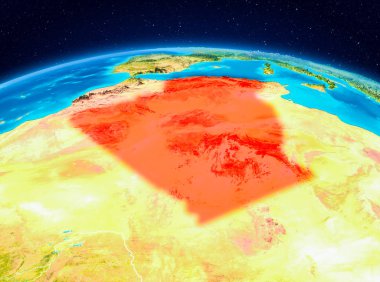 Planet Earth kırmızı vurgulanır Cezayir uydu görüntüsü. 3D çizim. Nasa tarafından döşenmiş bu görüntü unsurları.