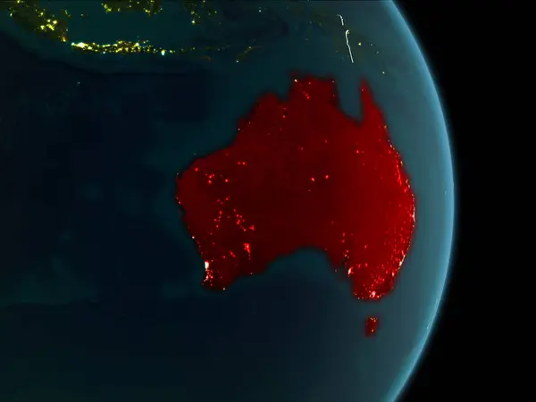 地图澳大利亚在红色 从地球上的空间看到在晚上与白色界线和城市灯光 Nasa 提供的这个图像的元素 — 图库照片