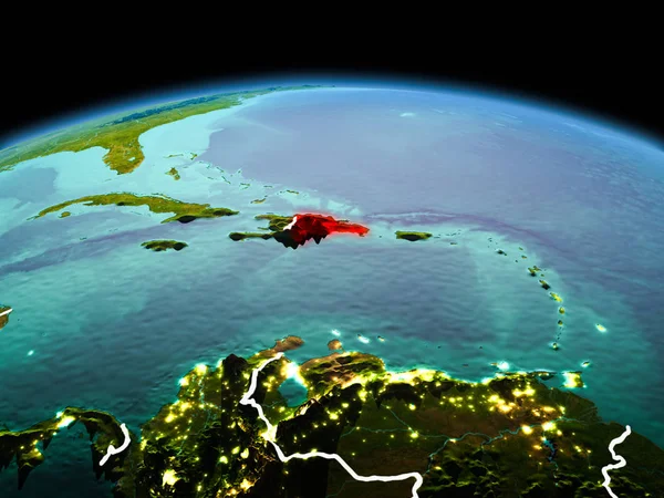 Sabah yukarıda Dominik Cumhuriyeti modeli görünür kenarlık çizgisi ve şehir ışıkları ile uzayda Dünya gezegeninin bir kırmızı vurgulanır. 3D çizim. Nasa tarafından döşenmiş bu görüntü unsurları.