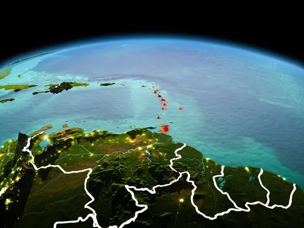 Sabah modeli görünür kenarlık çizgisi ve şehir ışıkları ile uzayda Dünya gezegeninin bir kırmızı vurgulanır Caribbean yukarıda. 3D çizim. Nasa tarafından döşenmiş bu görüntü unsurları.