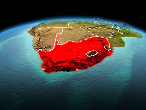 Sabah Güney Afrika modeli görünür kenarlık çizgisi ve şehir ışıkları ile uzayda Dünya gezegeninin bir kırmızı vurgulanır yukarıda. 3D çizim. Nasa tarafından döşenmiş bu görüntü unsurları.