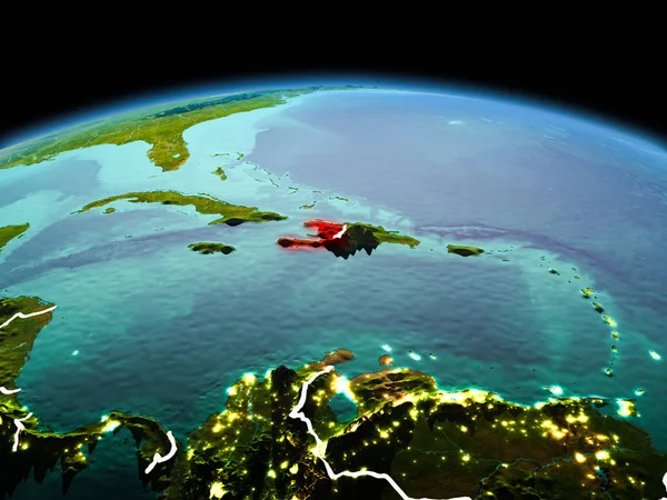 Sabah modeli görünür kenarlık çizgisi ve şehir ışıkları ile uzayda Dünya gezegeninin bir kırmızı vurgulanır Haiti yukarıda. 3D çizim. Nasa tarafından döşenmiş bu görüntü unsurları.