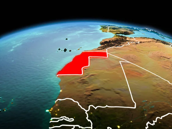 Matin Dessus Sahara Occidental Souligné Rouge Sur Modèle Planète Terre — Photo
