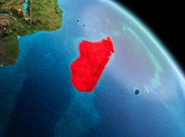 Uydu sabah görünümü Madagaskar Planet Earth kırmızı vurgulanır. 3D çizim. Nasa tarafından döşenmiş bu görüntü unsurları.