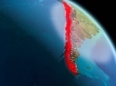 Uydu sabah görünümü Şili'Planet Earth kırmızı vurgulanır. 3D çizim. Nasa tarafından döşenmiş bu görüntü unsurları.
