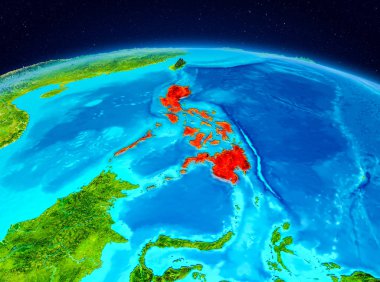 Uydu Görünümü Filipinler Planet Earth kırmızı vurgulanır. 3D çizim. Nasa tarafından döşenmiş bu görüntü unsurları.