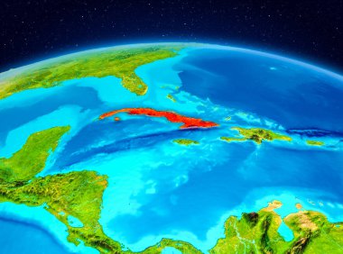 Planet Earth kırmızı vurgulanır Küba'nın uydu görüntüsü. 3D çizim. Nasa tarafından döşenmiş bu görüntü unsurları.