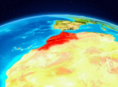 Uydu görüntüsü Fas Planet Earth kırmızı vurgulanır. 3D çizim. Nasa tarafından döşenmiş bu görüntü unsurları.
