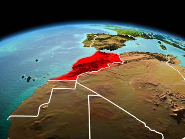Sabah modeli görünür kenarlık çizgisi ve şehir ışıkları ile uzayda Dünya gezegeninin bir kırmızı vurgulanır Fas yukarıda. 3D çizim. Nasa tarafından döşenmiş bu görüntü unsurları.