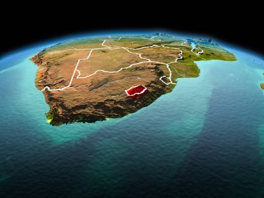 Sabah modeli görünür kenarlık çizgisi ve şehir ışıkları ile uzayda Dünya gezegeninin bir kırmızı vurgulanır Lesotho yukarıda. 3D çizim. Nasa tarafından döşenmiş bu görüntü unsurları.