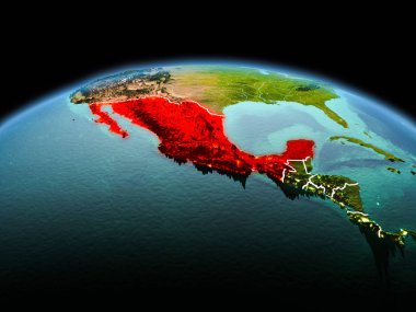 Sabah yukarıda Meksika modeli görünür kenarlık çizgisi ve şehir ışıkları ile uzayda Dünya gezegeninin bir kırmızı vurgulanır. 3D çizim. Nasa tarafından döşenmiş bu görüntü unsurları.