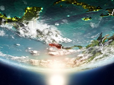 Sunrise son derece detaylı yüzey dokuları ve görünür ülke sınırları ile Dünya gezegeninin yörüngeden Kosta Rika. 3D çizim. Nasa tarafından döşenmiş bu görüntü unsurları.