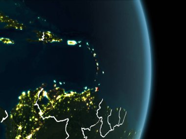 Caribbean Haritası Beyaz sınır çizgileri ve şehir ışıkları ile gece gezegeni uzaydan görüldüğü gibi kırmızı. 3D çizim. Nasa tarafından döşenmiş bu görüntü unsurları.