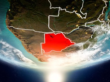 Botsvana Sunrise son derece detaylı yüzey dokuları ve görünür ülke sınırları ile Dünya gezegeninin yörüngeden. 3D çizim. Nasa tarafından döşenmiş bu görüntü unsurları.