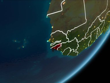 Planet Earth Earth yörüngeden geceleri görüldüğü gibi Gine Bissau kırmızı görünür Kenarlıklar ve şehir ışıkları vurgulanır. 3D çizim. Nasa tarafından döşenmiş bu görüntü unsurları.