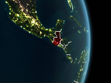 Guatemala Haritası Beyaz sınır çizgileri ve şehir ışıkları ile gece gezegeni uzaydan görüldüğü gibi kırmızı. 3D çizim. Nasa tarafından döşenmiş bu görüntü unsurları.