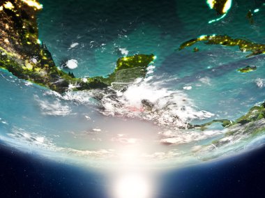 El Salvador Sunrise son derece detaylı yüzey dokuları ve görünür ülke sınırları ile Dünya gezegeninin yörüngeden. 3D çizim. Nasa tarafından döşenmiş bu görüntü unsurları.