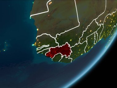 Planet Earth Earth yörüngeden geceleri görüldüğü gibi Gine kırmızı görünür Kenarlıklar ve şehir ışıkları vurgulanır. 3D çizim. Nasa tarafından döşenmiş bu görüntü unsurları.