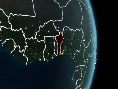 Benin Haritası Beyaz sınır çizgileri ve şehir ışıkları ile gece gezegeni uzaydan görüldüğü gibi kırmızı. 3D çizim. Nasa tarafından döşenmiş bu görüntü unsurları.