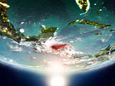 Honduras son derece detaylı yüzey dokuları ve görünür ülke sınırları ile Sunrise Dünya gezegeninin yörüngeden. 3D çizim. Nasa tarafından döşenmiş bu görüntü unsurları.