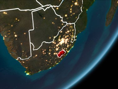 Planet Earth Earth yörüngeden geceleri görüldüğü gibi Lesotho kırmızı görünür Kenarlıklar ve şehir ışıkları vurgulanır. 3D çizim. Nasa tarafından döşenmiş bu görüntü unsurları.