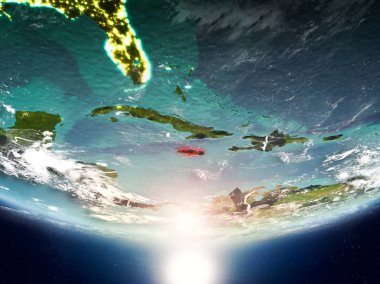 Sunrise son derece detaylı yüzey dokuları ve görünür ülke sınırları ile Dünya gezegeninin yörüngesine Jamaika'dan. 3D çizim. Nasa tarafından döşenmiş bu görüntü unsurları.
